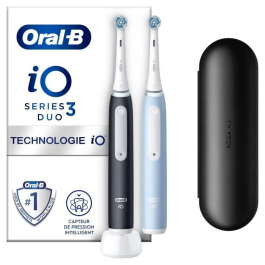Oral-B iO 3 Pack de 2 Cepillos de Dientes Eléctricos Negro y Azul con 2 Cabezales y Estuche de Viaje ORA8006540731659