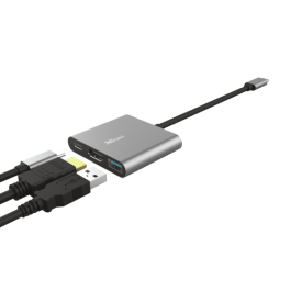 Trust 23772 Adaptador Multipuerto USB-C 3 en 1 con HDMI, USB-A y USB-C PD para Portátil y MacBook, Aluminio Negro