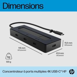 HP 6G843AA Docking USB Tipo-C, Concentrador Multipuerto 4K, 4 Puertos USB-C (PD 65W, Video), Multi-SO, Negro/Azul.