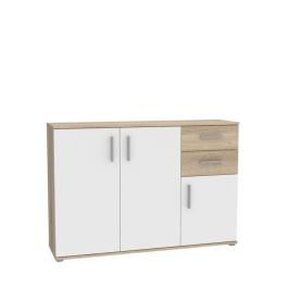 Mueble de almacenaje IKOLI - 3 puertas, 2 cajones - Decoración roble Sonoma y blanco - L119,6 x P31,4 x H81,7 cm - Tiradores de plástico