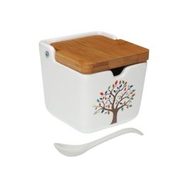 Versa Azucarero con Tapa de Bambú Tree, Cerámica, 8 cm de ancho, ideal para cocina y mesa (4 Unidades)
