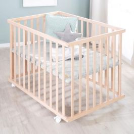 Roba ROB1691002881237 Parque Infantil 75x100 cm Gris con Colchoneta 'Roba Style' y Ruedas de Madera Natural