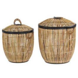 DKD Home Decor Cesta para Ropa Balinesa de Ratán y Metal con Tejido Poliéster Natural Negro, Set de 2, 48x48x55 cm