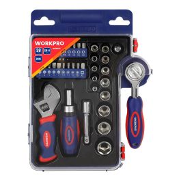 Workpro Vasos con Carraca, Mango y Llave Ajustable, 38 Piezas: Incluye Puntas, Vasos Métricos y Accesorios de Almacenamiento