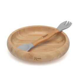 Set Vajilla Silicona Y Bambú Gris Con Cuchara-Tenedor Set Vajilla Silicona Y Bambú Gris Con Cuchara-Tenedor