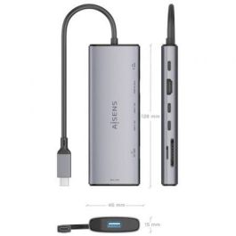 Aisens ASUC-7P031-GR Docking USB Tipo-C 7 en 1 con HDMI 4K, 3xUSB 10Gbps, Lector Tarjetas y PD 100W Gris