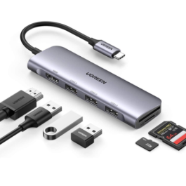 Ugreen CM511 20956A Hub USB-C 6 en 1 Plata - HDMI 4K, 3x USB 3.0, Lector SD/TF - Datos 5Gb/s