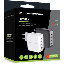 Conceptronic ALTHEA18B Cargador de Pared 100W, 4 Puertos (3x USB-C PD, 1x USB-A QC 3.0) Negro