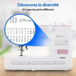 Medion MED4061275230475 Máquina de Coser, 62W, 24 Puntadas + Dobles, 700 RPM, Luz LED, Color Rosa