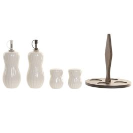 DKD Home Decor Pengjia 25 Aceitera Vinagrera Set de 4 Porcelana Bambu Blanco Marron Oscuro 17 x 19 x 17 cm