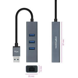 Nano Cable 10.03.0407 Hub USB 3.0 a Ethernet Gigabit con 3 Puertos USB 3.0, Color Gris, Longitud 15 cm