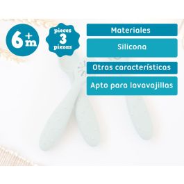 KioKids Little sauvages Set de 3 Cubiertos de Silicona Verde para Bebé, Pre-Cuchara Cuchara Pre-Tenedor, Apto Lavavajillas, +6 Meses