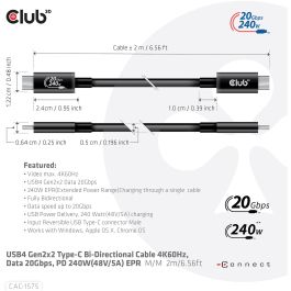 Club 3D CAC-1575 Cable USB 4 Tipo C a USB C, 240W PD, 20Gbps, 4K, 2m Macho a Macho Negro