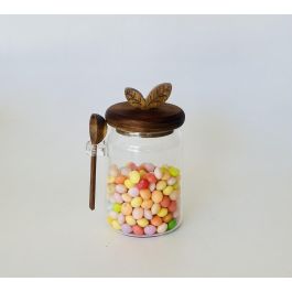 DKD Home Decor Bote Transparente Natural Cristal y Acacia con Cuchara 9 x 15.5 x 11 cm