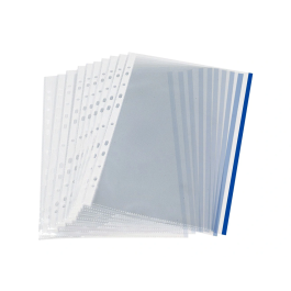 Q-connect Funda Multitaladro Cristal Din A4 70 mc con Borde Azul, Bolsa 10 Unidades