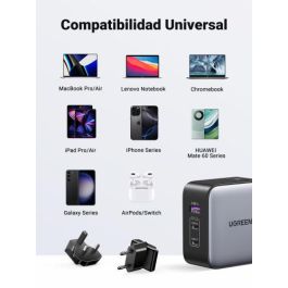 UGREEN 90409 Cargador Nexode GaN 65W USB Carga Rápida Interior, 2x USB-C y 1x USB-A, Adaptador Universal para Teléfonos, Portátiles y Relojes