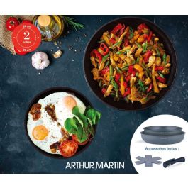 Arthur Martin AM2977 Juego de 2 Sartenes Antiadherentes Ø 24-28 cm con Mango Extraíble Apta Todo Tipo de Fuegos Gris Mate
