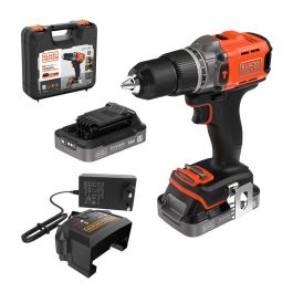 Black+Decker Taladro Percutor 18V, 2 Baterías 2Ah Litio, Cargador Rápido, Maletín, Portabrocas 13mm, 45Nm, 5 Años Garantía