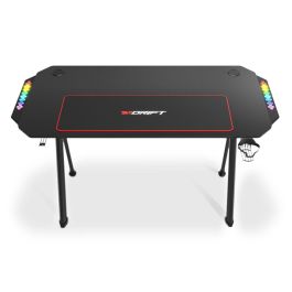 Drift DZ175 Mesa Gaming LED RGB Sonido Reactivo, Textura Fibra Carbono, Altura Ajustable, Soporte Auriculares y Bebidas, 130x60 cm