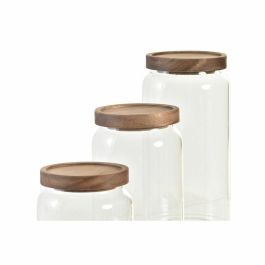 DKD Home Decor Bote Basicos Transparente Natural Vidrio Borosilicato Acacia Set 3 Piezas 10x20x10cm 1L/700ml