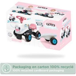 Falk Tractor Rainbow Farm con Remolque, Juguete Correpasillos Infantil para Niñas de 1 Año, Diseño Pastel, Fabricado en Francia
