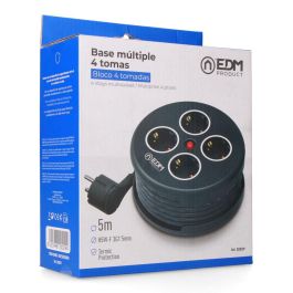 Edm Enrollacables 4 Tomas Schuko con Protección, Cable H05VV-F 3G1,5mm² 5m, 16A 250V, Negro, Montaje en Pared