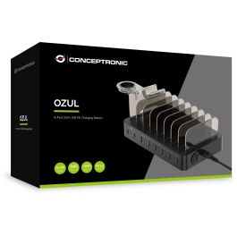 Conceptronic OZUL02B Estación de Carga 75W USB-C PD, 6x USB-A, Carga Rápida para Apple Watch, Nintendo Switch, iPad, iPhone, Samsung