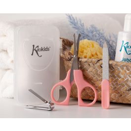 KioKids Estuche de Manicura para Bebé +3 Meses Rosa, Set con Tijeras Punta Redonda, Cortaúñas y Lima Portátil