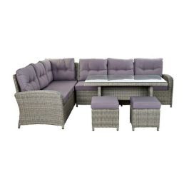 DKD Home Decor Sofá de Jardín y Terraza Gris 204x267x90 cm Set 4 Piezas Desmontable con Cojines Ratán Sintético
