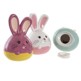 DKD Home Decor Hucha Conejo Infantil Pack 6 Unidades Blanco Lila Rosa Palo Amarillo Dolomita 9x15x10 cm