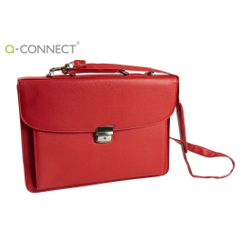 Q-connect Cartera Portadocumentos con Correa, Cierre Metálico, Departamentos Interiores, Polipiel, Color Rojo, 390x280 mm