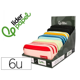 Liderpapel Estuche Portatodo Duo 2 Cremalleras con Bolsillo Frontal, 220x90x50 mm, Expositor 6 Unidades en Colores Combinados (Negro, Rosa, Azul, Verde, Azul Oscuro)