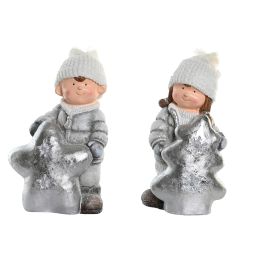 DKD Home Decor Figura de Navidad Moderna Niños LED a Pilas AAA Magnesia Plateado Blanco 18.5x39.5x25.5 cm (2 Unidades)