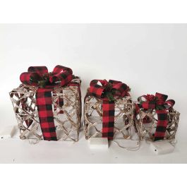 DKD Home Decor Regalo Navidad Alpina, Set 3 Piezas de Decoración LED, Fabricadas en Ratán y Purpurina, Tonalidades Natural y Rojo, Medidas 25x25x30 cm