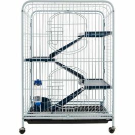 Tyrol Jaula Torre para roedores, vertical, con 3 plataformas, 3 escaleras, biberón, comedero y ruedas, 64x44x93cm
