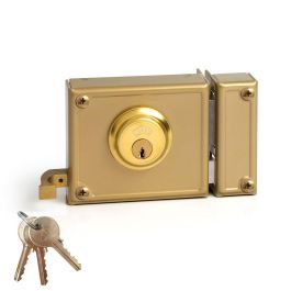 Jis Cerradura de sobreponer golpe y llave derecha 100mm, cilindro fijo 52mm, dorado, referencia 12-10d