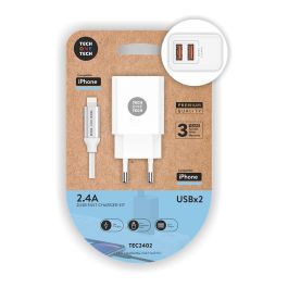 Tech One Tech Cargador doble blanco + cable nylon lightning 2.4A 12W 5V compatible iPhone