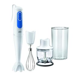Braun Batidora de mano MQ3025WH con picadora, Blanco y Azul, Tecnología PowerBell Plus y Splash Control