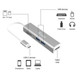 EQUIP Adaptador USB-C a HDMI, 2xUSB 3.0, SD Lector Tarjetas, 4K 30Hz, Color Plata, 0.15m