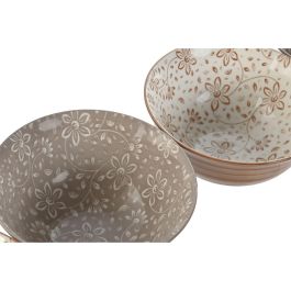 DKD Home Decor Bol Shabby de Porcelana Beige Marrón, 15 cm Diámetro, 7 cm Alto, Set de 4 con Flores, Apto Microondas y Lavavajillas