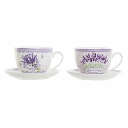 Taza con Plato DKD Home Decor Blanco Verde Lila Porcelana 220 ml (2 Unidades)