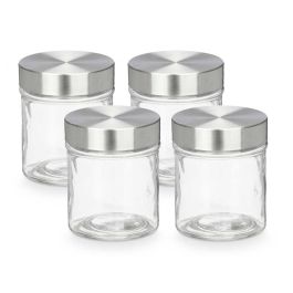 Vivalto Set de 4 Tarros Redondos de Vidrio con Tapa de Acero, Capacidad 300 ml, Transparente, 8.5 x 8.57 x 10.5 cm (12 Unidades)