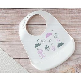 KioKids Babero Silicona Blanco Impermeable con Bolsillo Recogemigas Ajustable +4 Meses