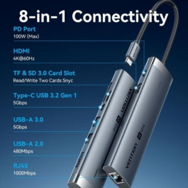 Vention Docking Station USB-C TGUHB con HDMI, RJ45, 2xUSB, 1xUSB-C PD 100W, Lector Tarjetas Gris
