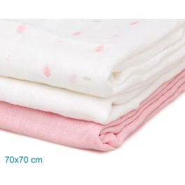 KioKids Set 3 Muselinas 70x70 cm Rosa, Blanco Y Estampado - 70% Bambú, 30% Algodón - Petit Moments
