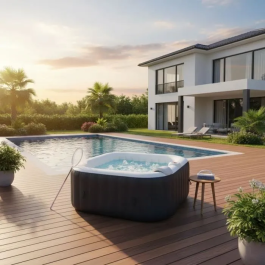 Sunspa SUN3760342641268 Kit Spa Hinchable Cuadrado 4 Plazas con 2 Reposacabezas, Filtro, Red, Cepillo, Colchoneta y Funda