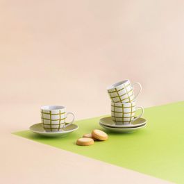 Quid Set 6 Tazas con Plato Porcelana Kansas 9 cL Verde Ceramica Decorado