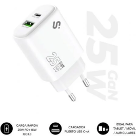 Subblim SUBCHG-6G2510 Cargador de Pared GaN 25W USB C+A, Doble Puerto Carga Rápida para Tablets y Móviles, Blanco Precio: 9.5000004. SKU: B1JSWXZF5E