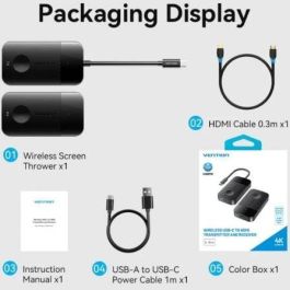 Vention ADOBB Adaptador/Transmisor de Vídeo Inalámbrico USB-C a HDMI, 4K@30Hz, Carga 60W PD, hasta 50m