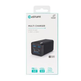 eSTUFF Cargador Multi PD GaN 65W 4 Puertos (2 USB-C + 2 USB-A) Carga Rápida